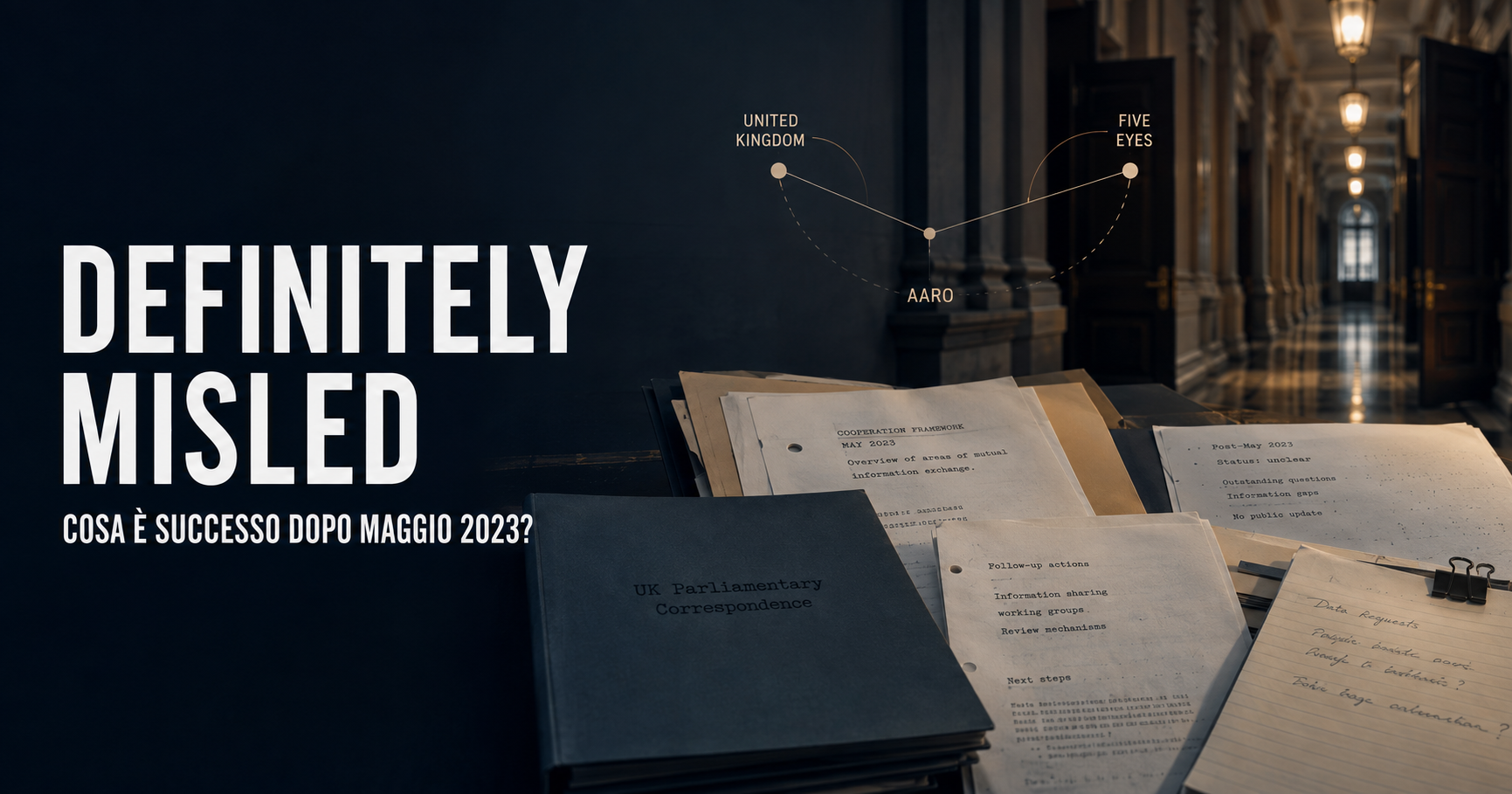 Corridoio istituzionale britannico con documenti parlamentari e riferimenti visivi alla cooperazione Five Eyes sugli UAP