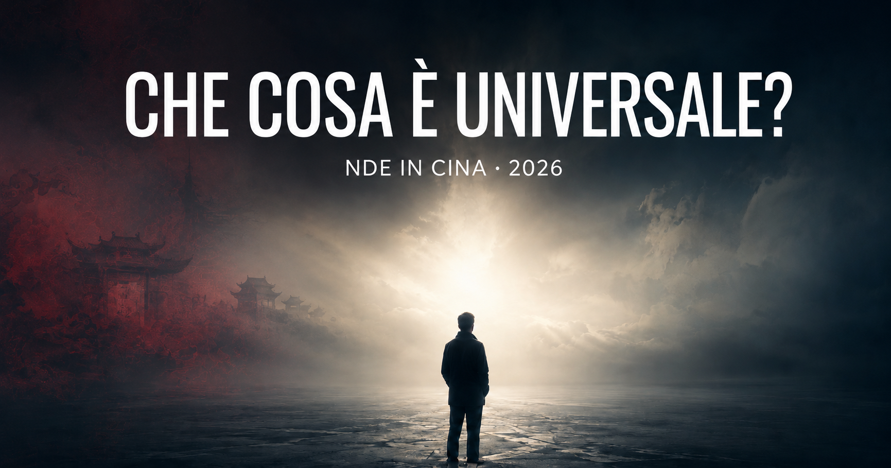 Silhouette umana davanti a una luce diffusa, con elementi visivi ispirati alla cultura cinese, per lo studio 2026 sulle NDE in Cina.